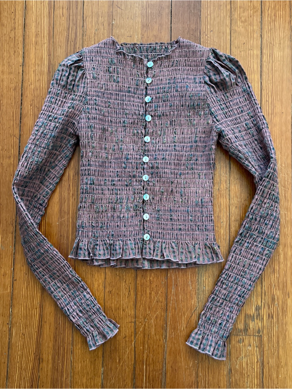 Après Studio Blossom Gingham Long Sleeve Top Smocked Plaid Neutral Multicolor - Picture 11 of 13